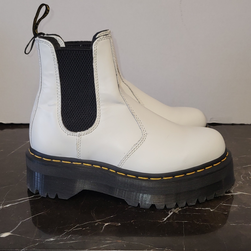 Dr. Martens White Leather Platform Chelsea Boots with Yellow Stitching